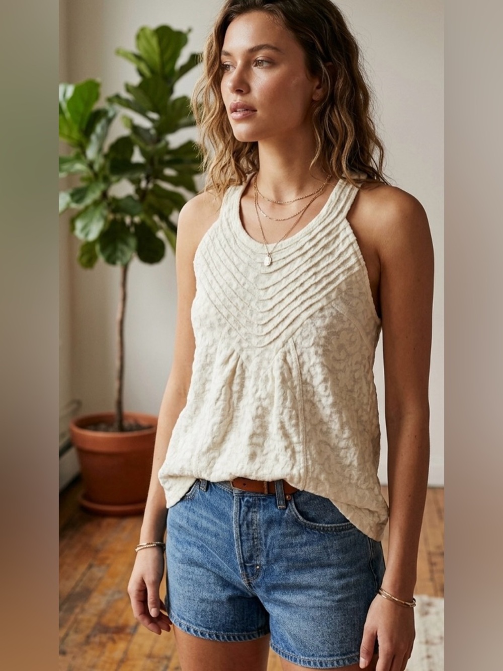 Free People White Textured Chevron Pintuck Tank Top - Boho Sleeveless Tunic